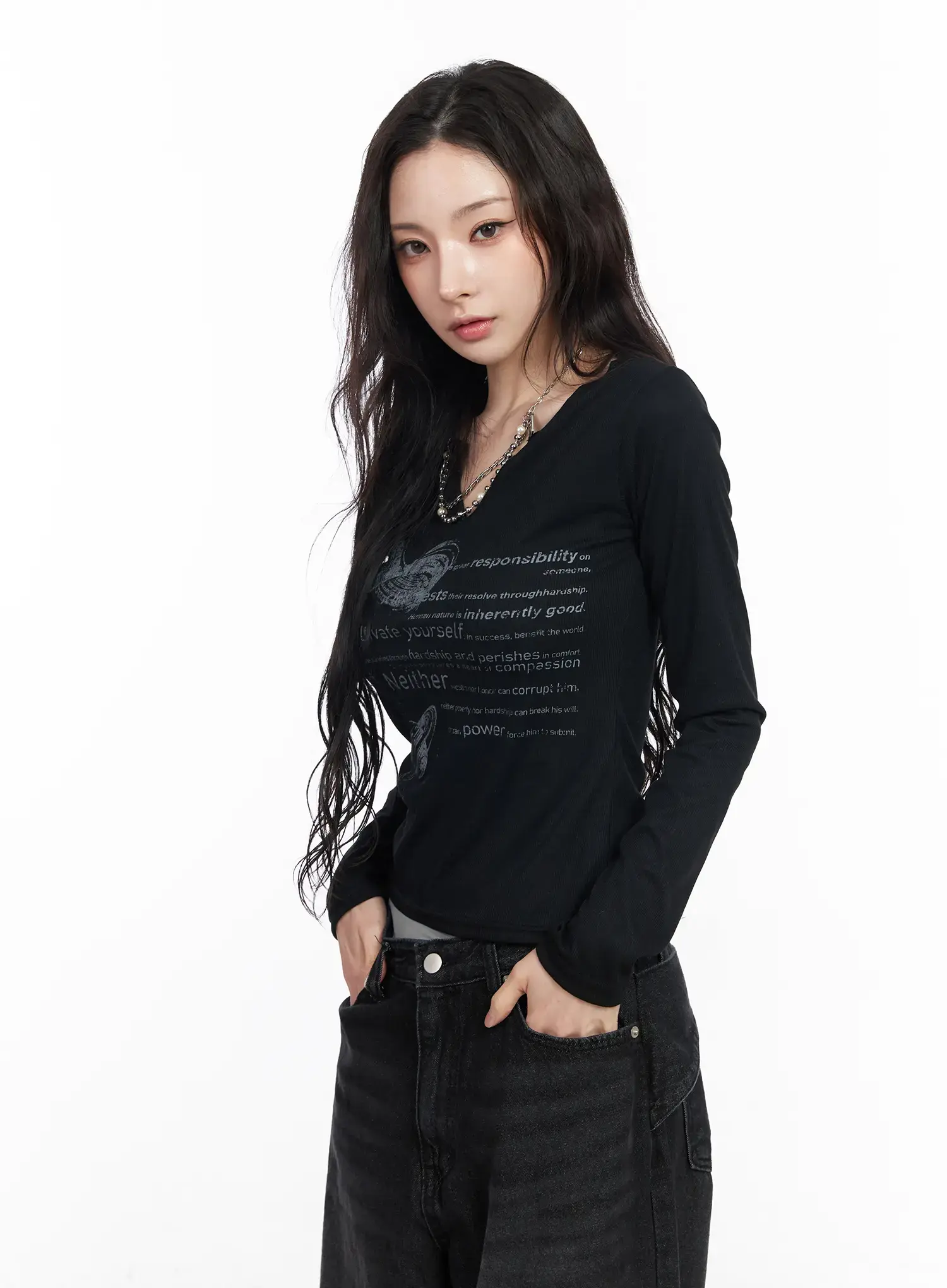 V-Neck Ribbed Graphic Long Sleeve Top CM519 - Image 10