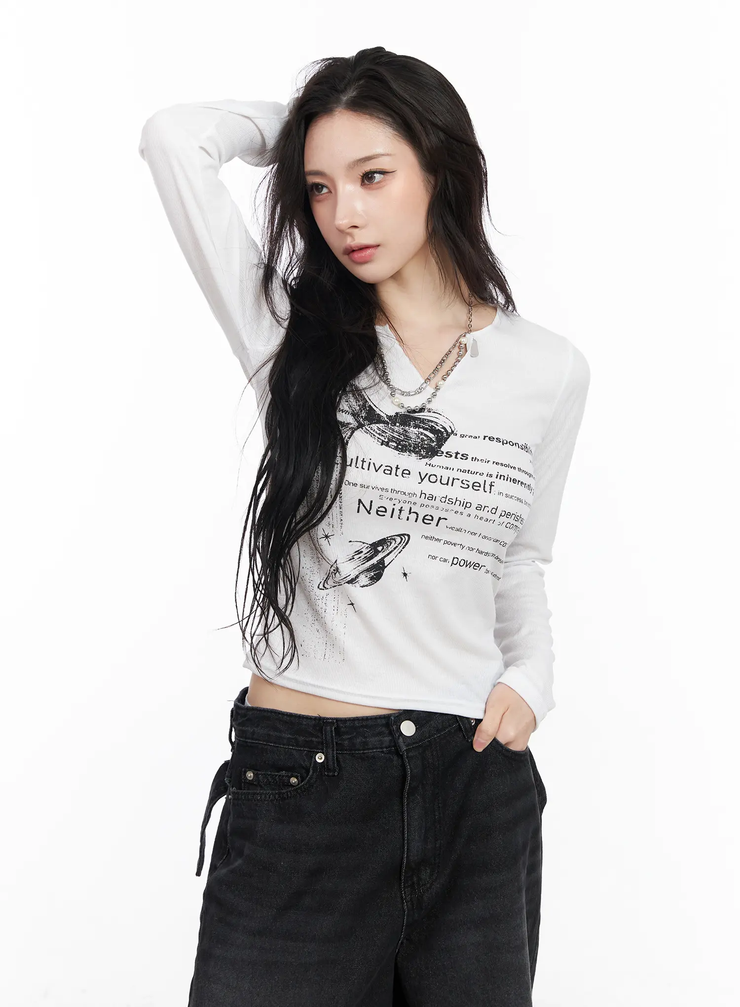 V-Neck Ribbed Graphic Long Sleeve Top CM519 - Image 11