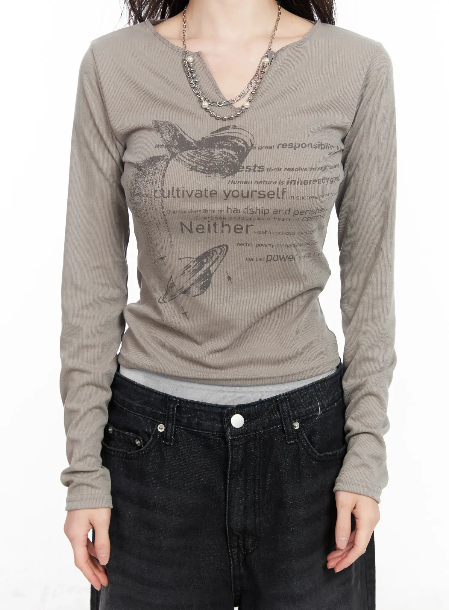 V-Neck Ribbed Graphic Long Sleeve Top CM519 - Image 8