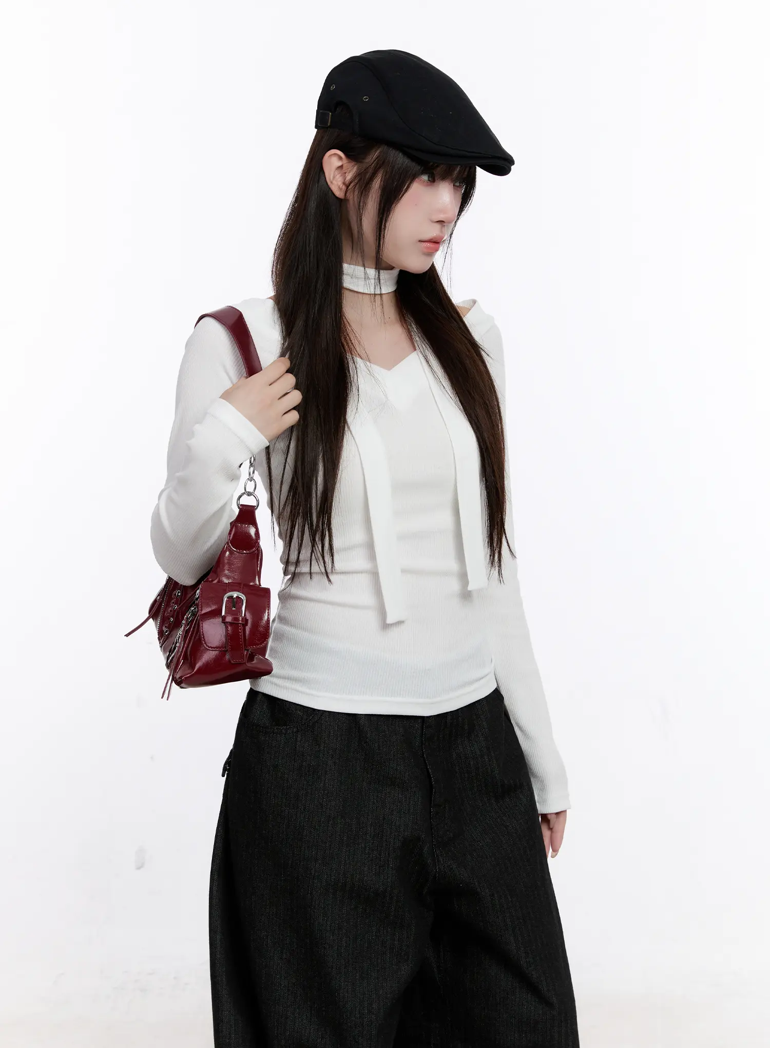 V-Neck Ribbed Two-Way Tie Long Sleeve Top CS530 - Image 4