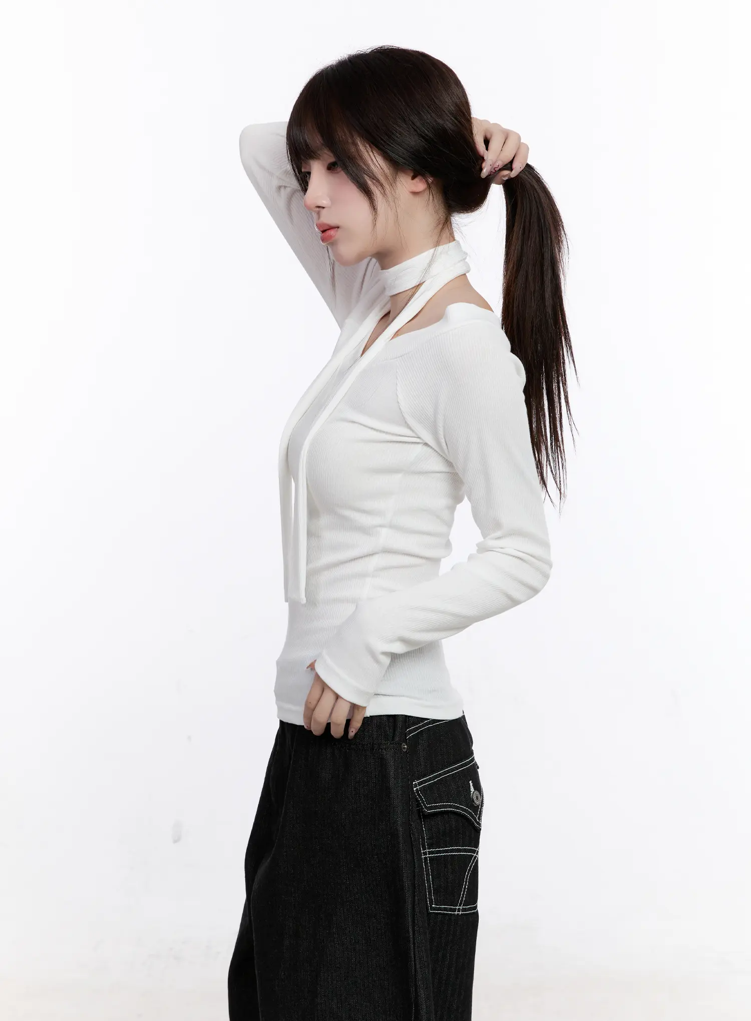 V-Neck Ribbed Two-Way Tie Long Sleeve Top CS530 - Image 5