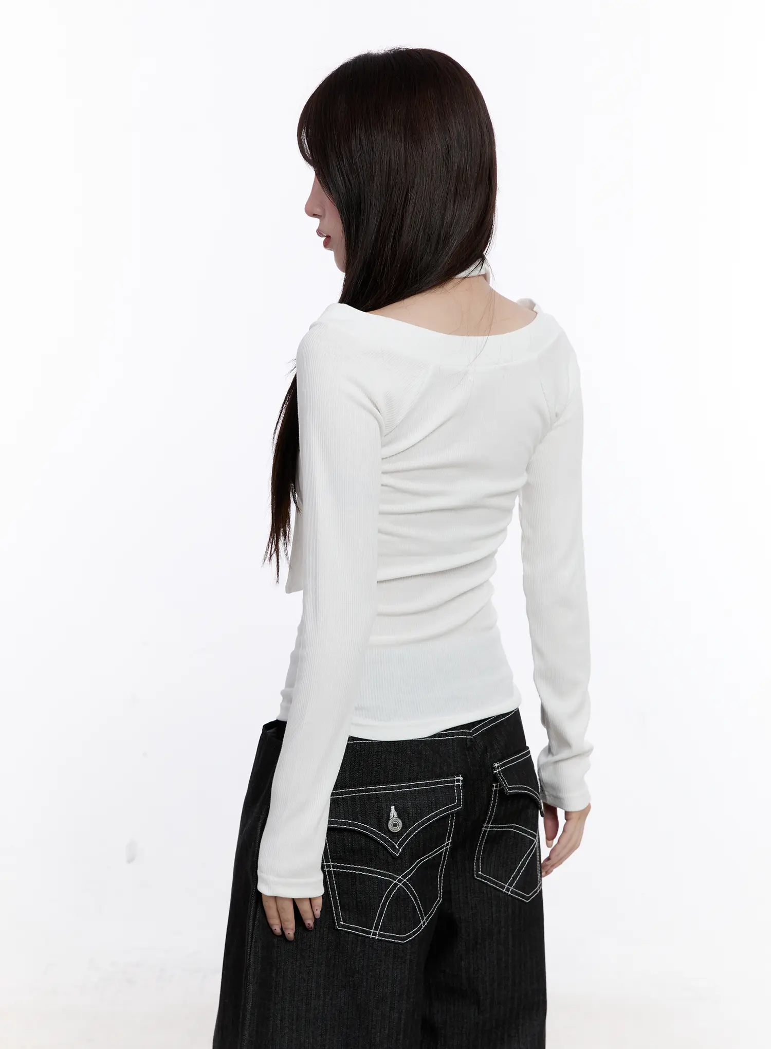 V-Neck Ribbed Two-Way Tie Long Sleeve Top CS530 - Image 7