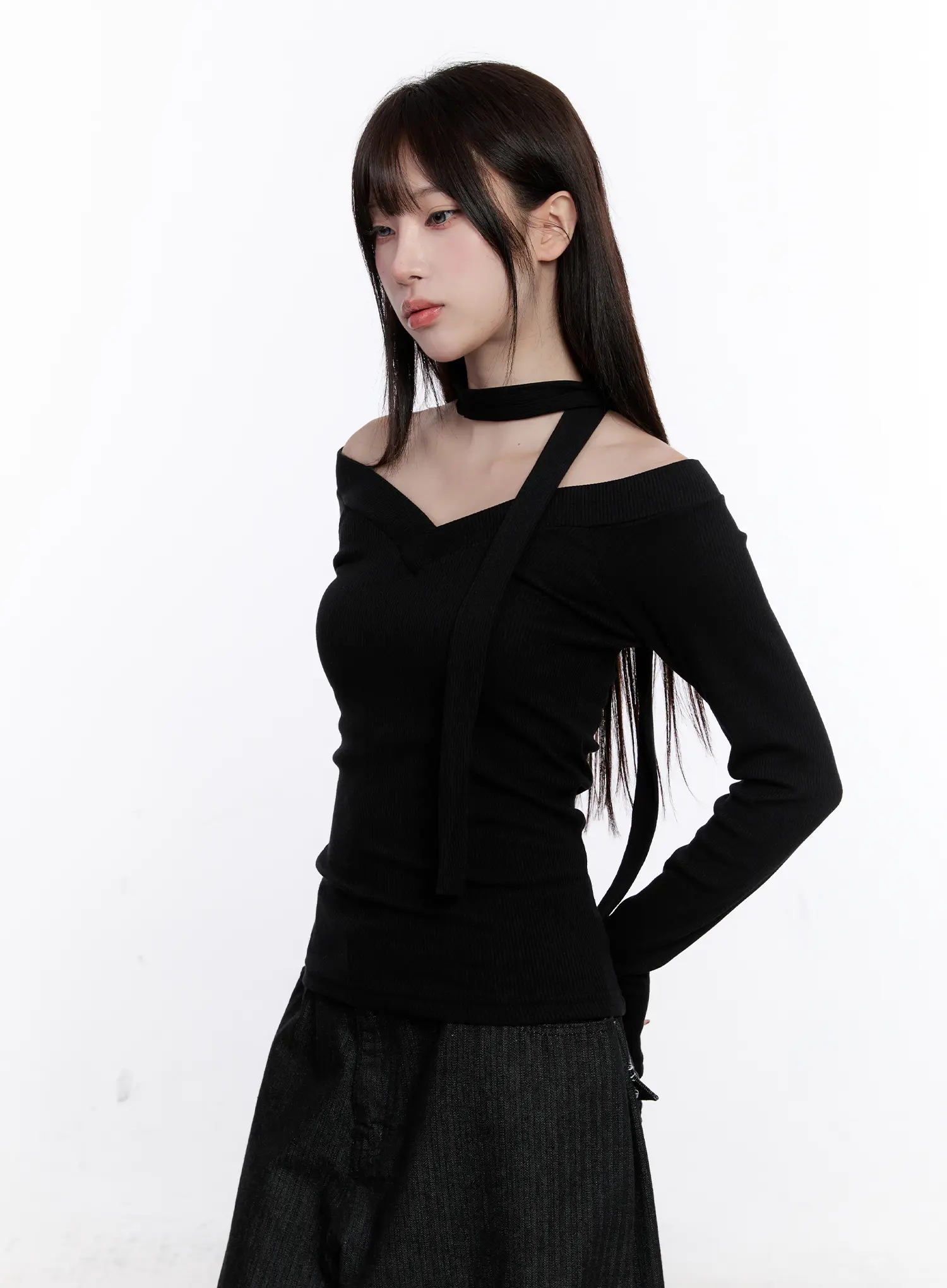 V-Neck Ribbed Two-Way Tie Long Sleeve Top CS530 - Image 8
