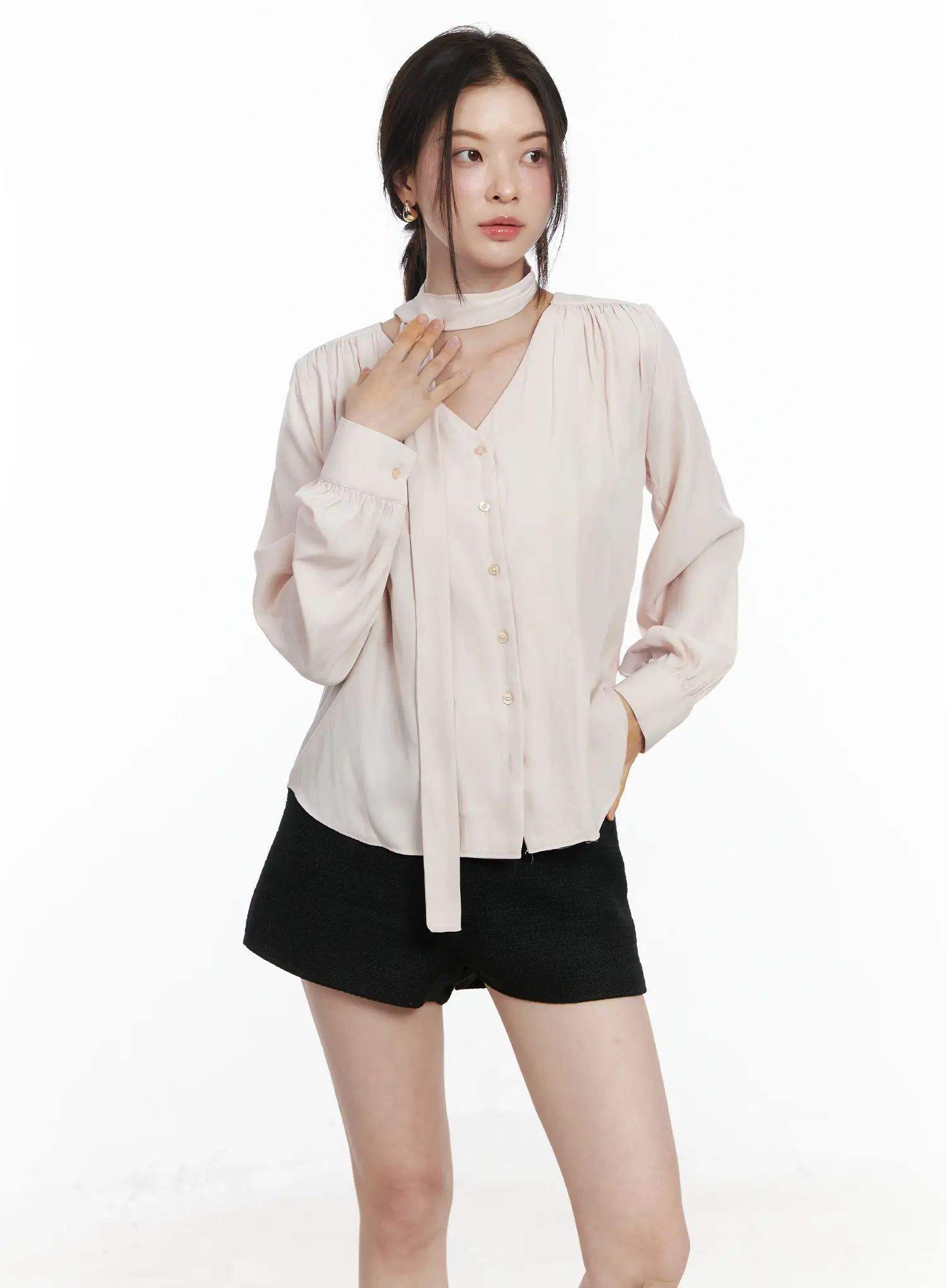 V-Neck Shirred Blouse and Scarf Set IF525 - Image 2