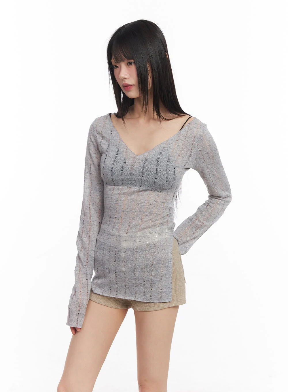 V-Neck Slit Sheer Top CY514 - Image 10