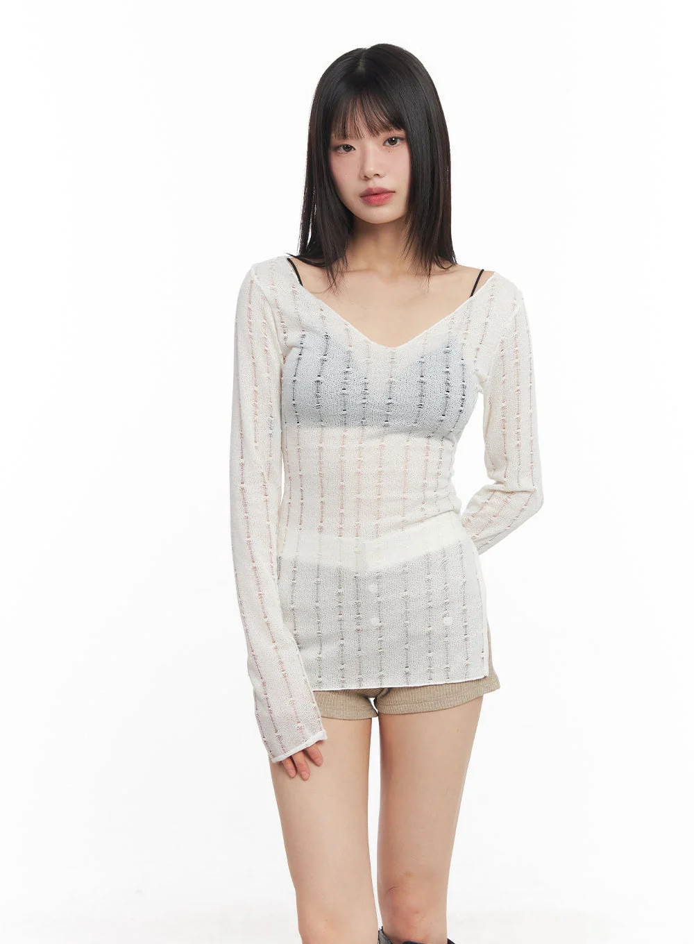 V-Neck Slit Sheer Top CY514 - Image 2