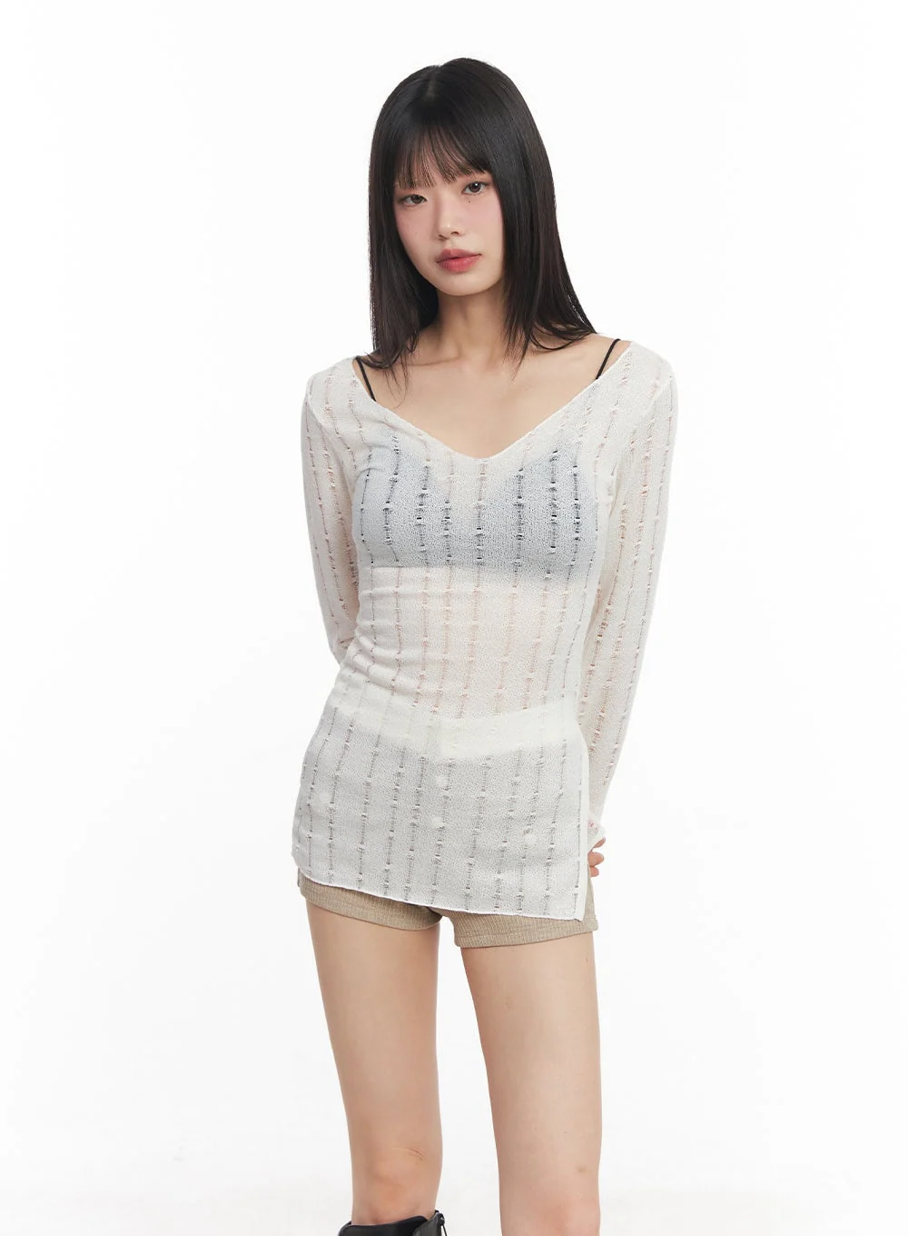 V-Neck Slit Sheer Top CY514 - Image 9