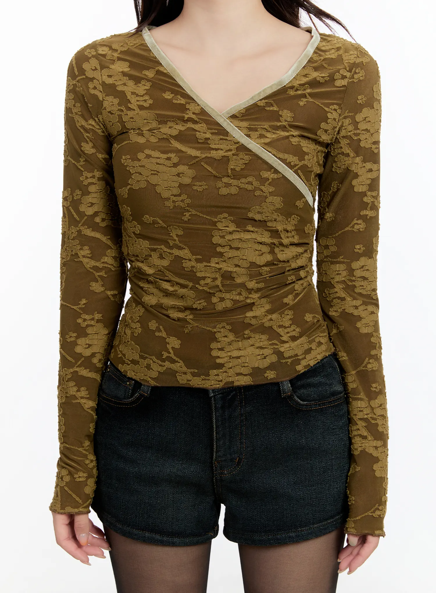 Velvet Lace V-Neck Long Sleeve Top CN524 - Image 3