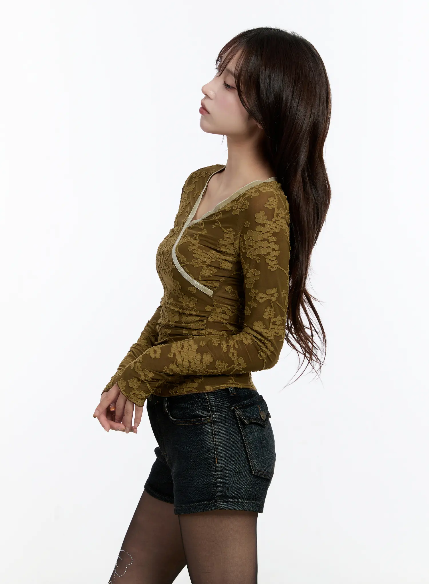 Velvet Lace V-Neck Long Sleeve Top CN524 - Image 5