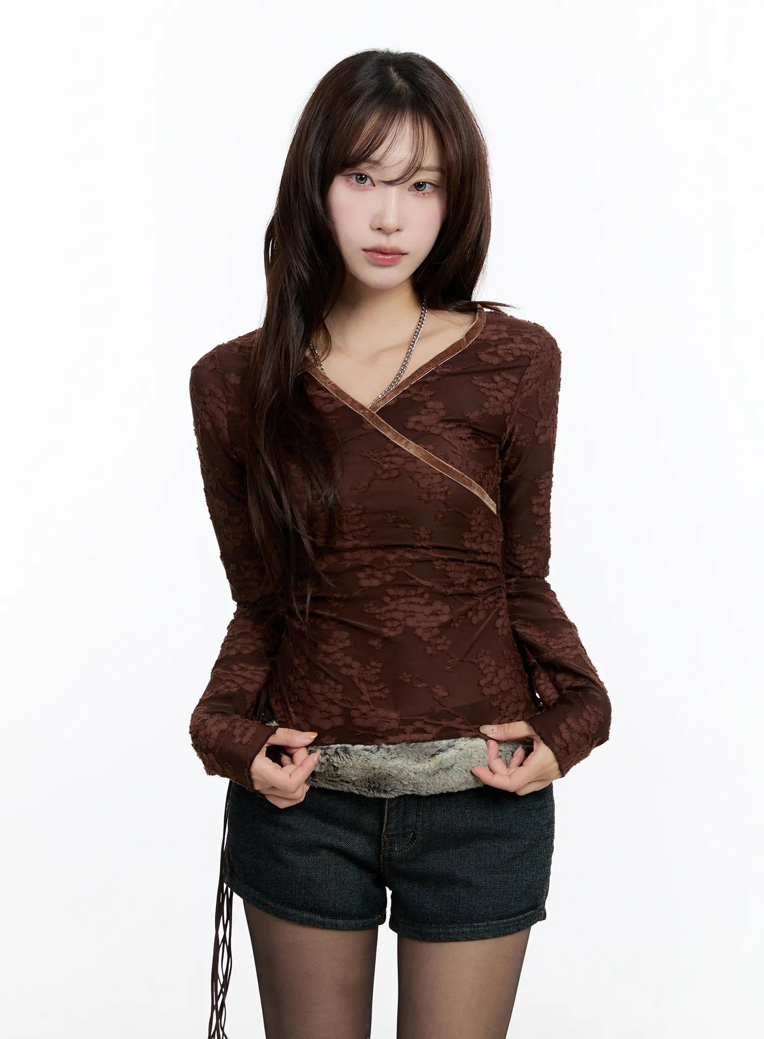 Velvet Lace V-Neck Long Sleeve Top CN524 - Image 9