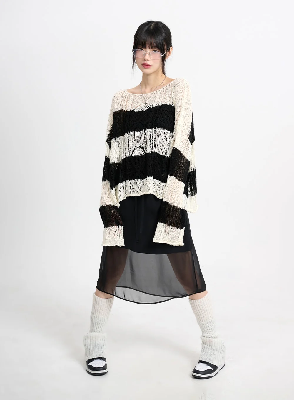 Wool Blend Hollow Out Striped Knit Sweater CM415 - Image 3