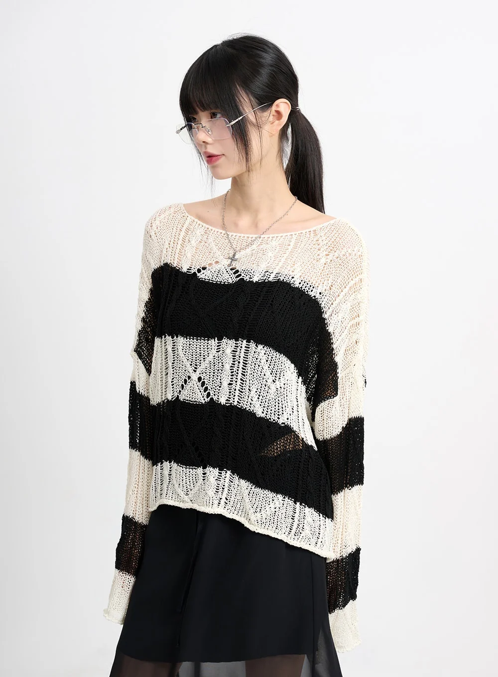 Wool Blend Hollow Out Striped Knit Sweater CM415 - Image 6