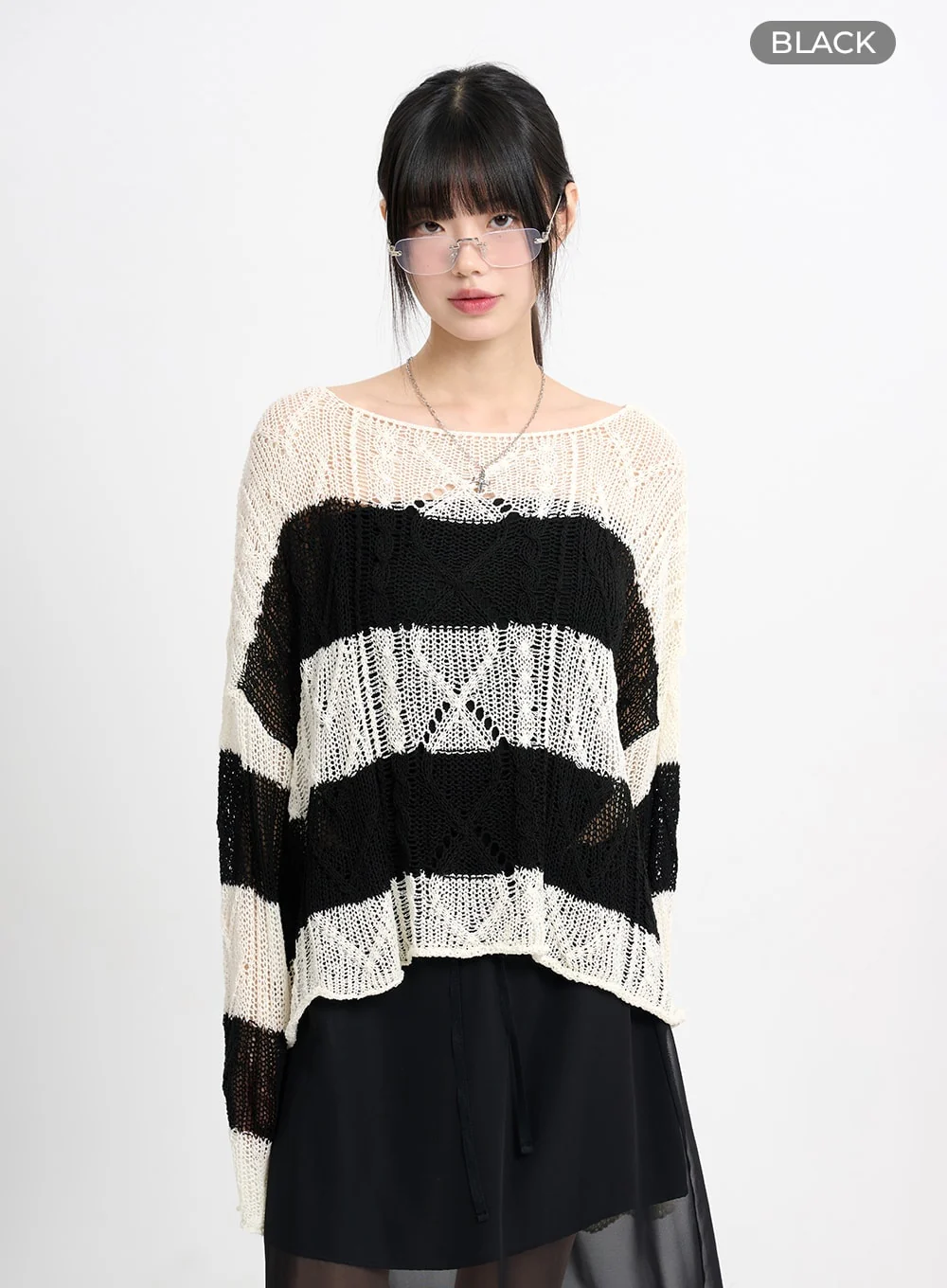 Wool Blend Hollow Out Striped Knit Sweater CM415 - Image 8