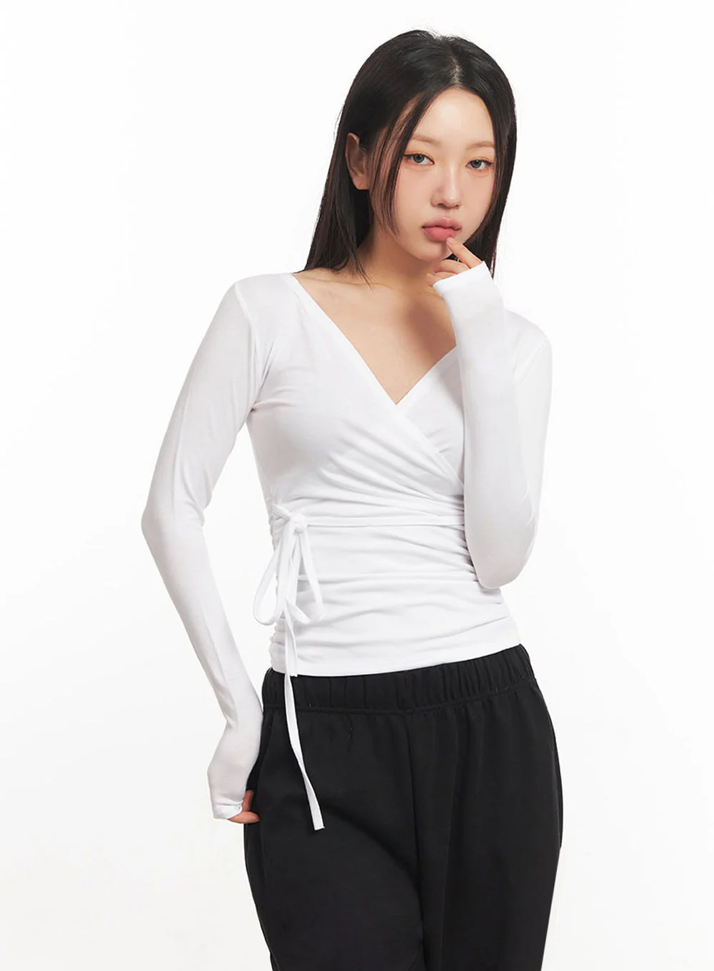 Wrap Shirred Long-Sleeve Crop Top IA524 - Image 2