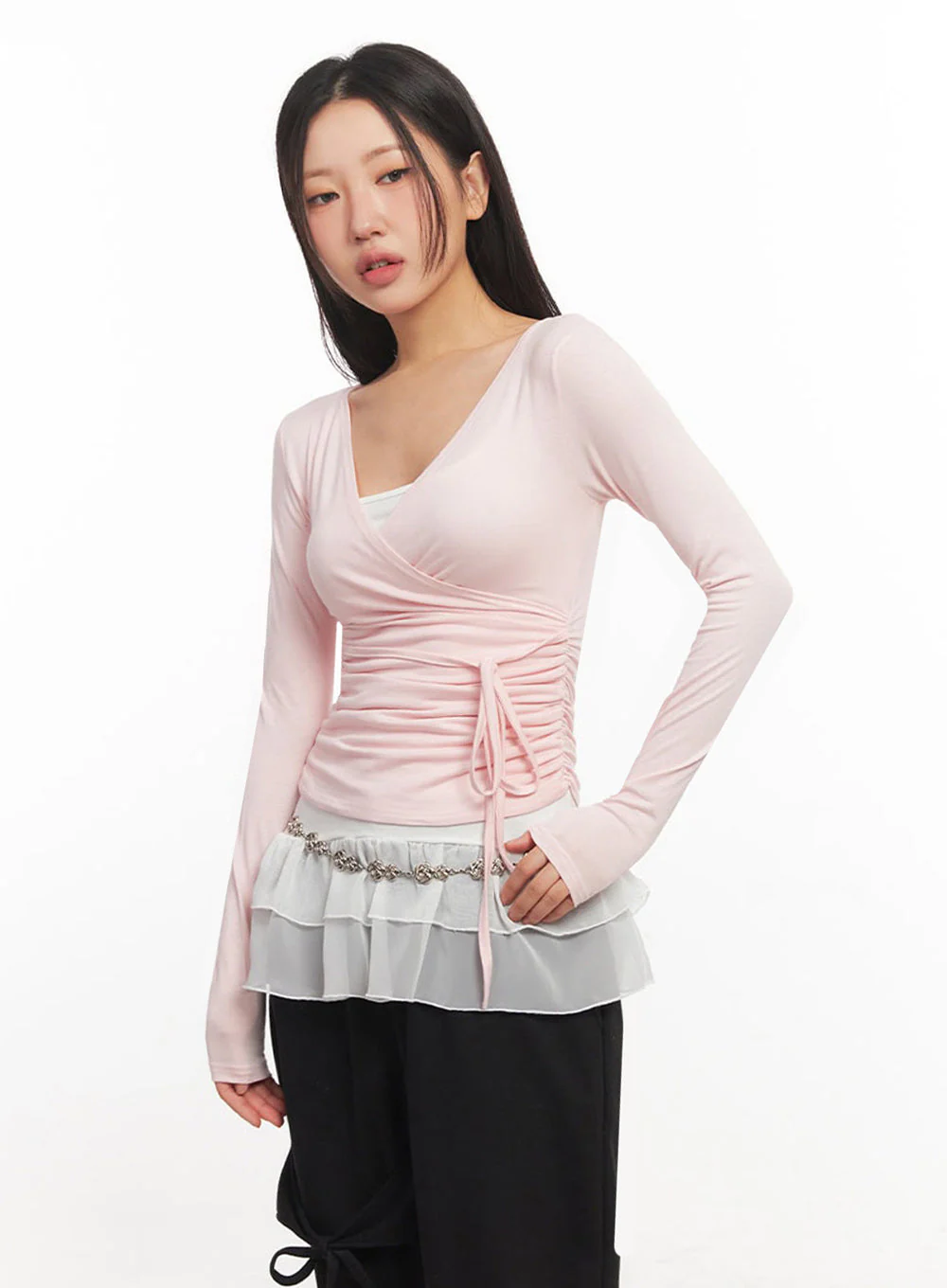 Wrap Shirred Long-Sleeve Crop Top IA524 - Image 8