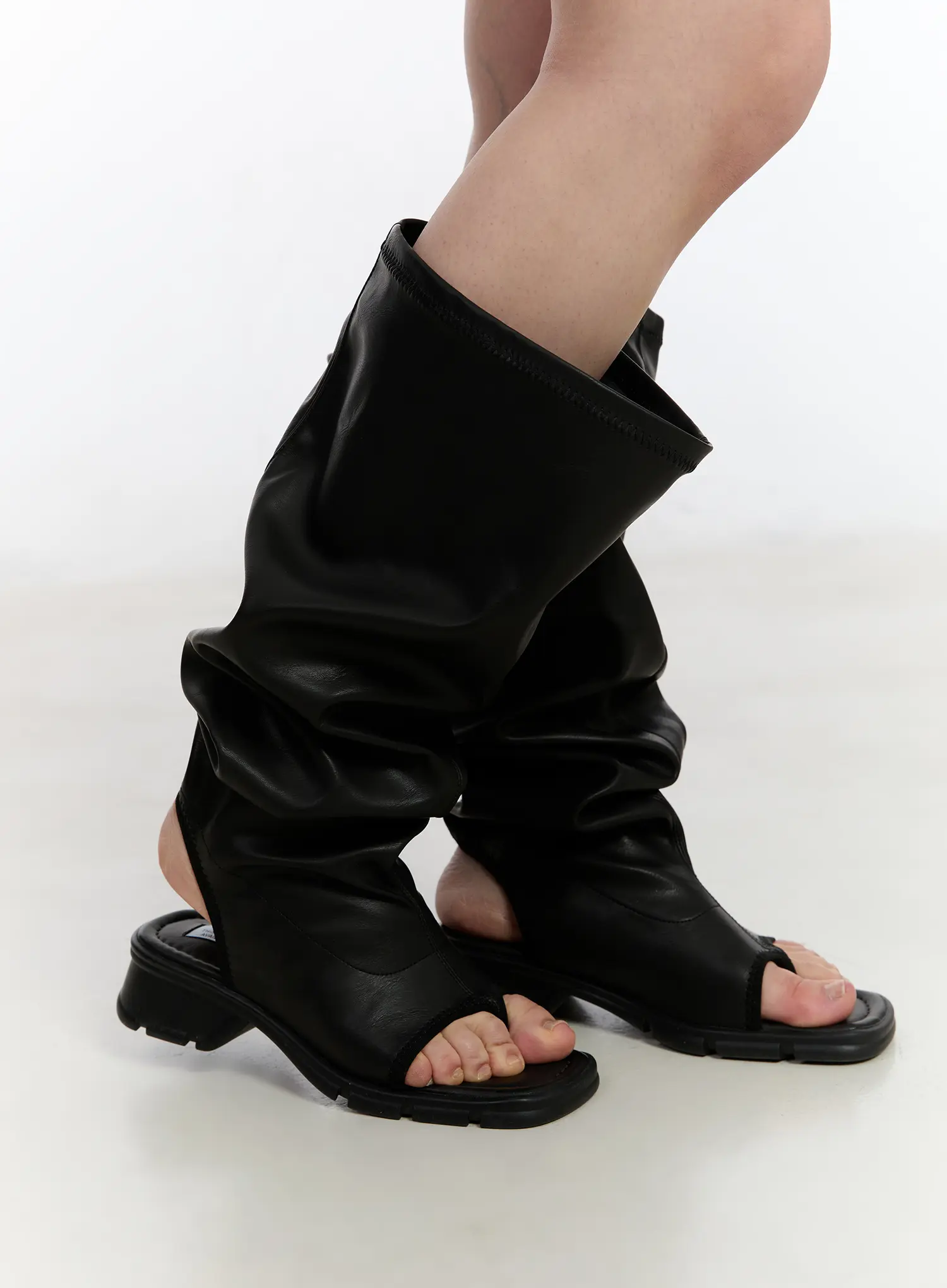 Wrinkled Leather Peep Toe Long Boots CA508